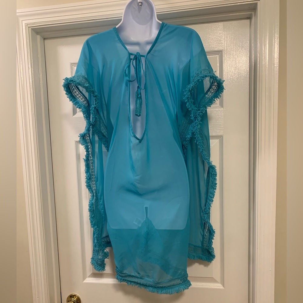 Melrose and Market teal water swim suit cover up, transparent, beautiful trim